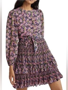Boden Plissé Floral Mini Dress Pink Purple Tiered Tie Waist Romantic Cottagecore